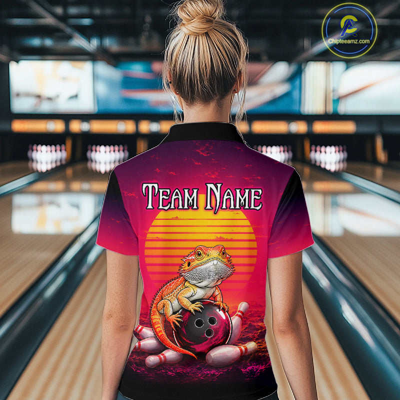 Women’s retro sunset bearded dragon bowling quarter zip shirt, back view on female model in bowling lane 