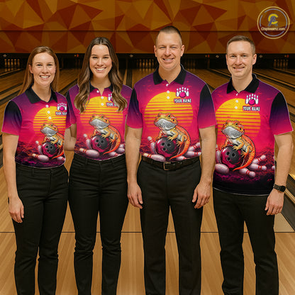 Group of bowlers in retro sunset bearded dragon team shirts, personalized bowling uniforms front view.