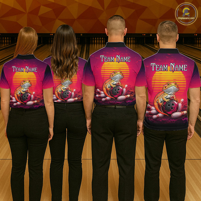 Group of bowlers in retro sunset bearded dragon team shirts, personalized bowling uniforms back view.