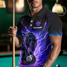 Load image into Gallery viewer, Man wearing a black polo shirt with a panther and pool ball design, holding a pool cue on a billiard table.