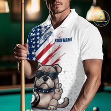 Load image into Gallery viewer, Man wearing a white polo shirt with a dog graphic and American flag design, holding a pool cue on a billiards table.
