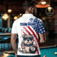 Load image into Gallery viewer, Man wearing a white polo shirt with American flag design and bulldog graphic, standing in a pool hall.