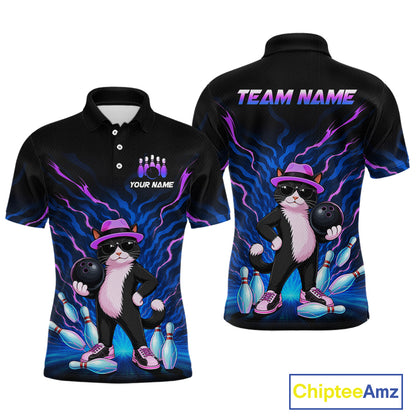 Black short-sleeve polo shirt shown from the front and back, featuring a cartoon cat bowling graphic with blue lightning effects, yellow bowling pins, bowling balls, and customizable text reading 'YOUR NAME' and 'TEAM NAME'.