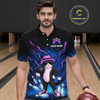 A man wearing a black short-sleeve polo shirt with a colorful bowling-themed graphic print featuring a cat in a hat and sunglasses holding a bowling ball, with bowling pins and blue lightning effects. The shirt has a customizable name print on the chest.
