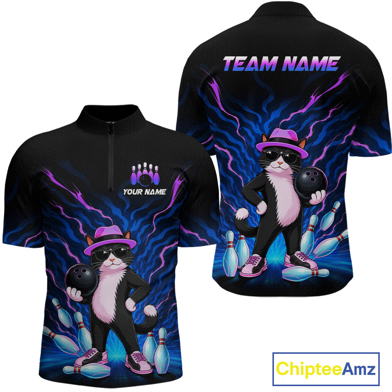 Front and back views of a black short-sleeve quarter-zip shirt with a colorful bowling-themed cat graphic. The design features a black cat in a pink hat and sunglasses holding bowling balls and pins against a blue and purple lightning background.