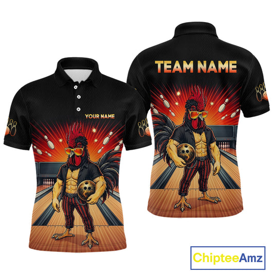 Custom funny rooster bowling jersey for men, personalized team bowling polo shirt front view and back view