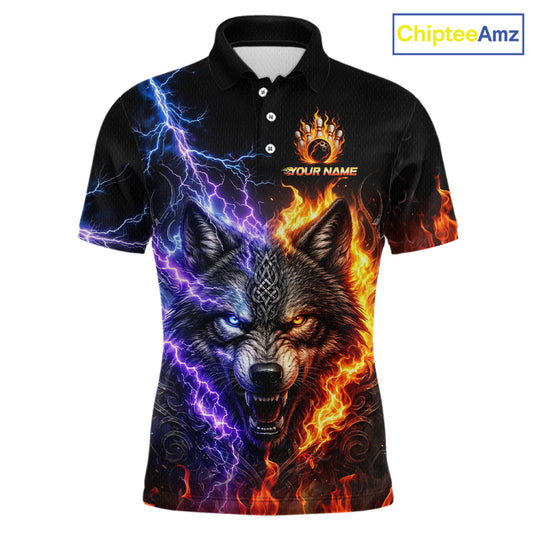 Custom fire lightning wolf bowling jersey for men, personalized team bowling polo shirt front view