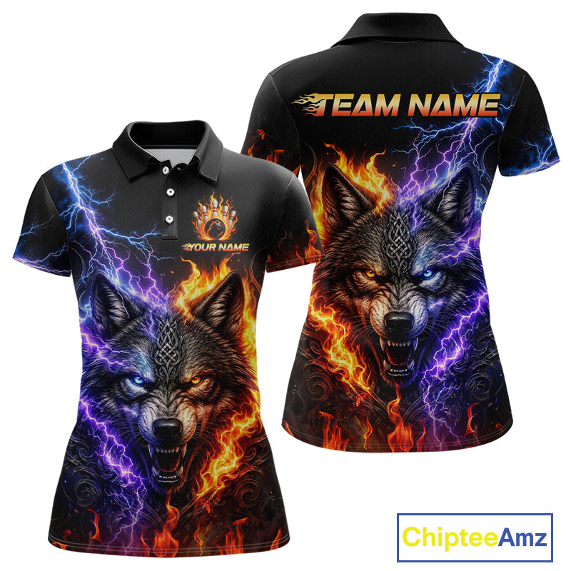 Custom fire lightning wolf bowling jersey for women, personalized team bowling polo shirt front view and back view 