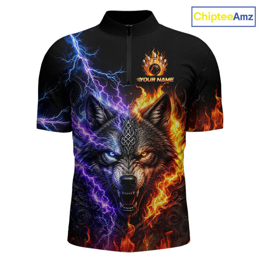 Custom fire lightning wolf bowling jersey for men, personalized team bowling quarter zip shirt front view