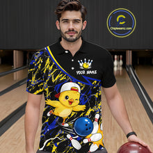 Load image into Gallery viewer, Man wearing a colorful bowling-themed shirt with a chicken design in a bowling alley.