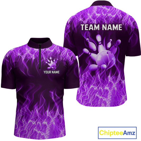 Custom Purple Flame Bowling Jersey for Men Polo & 1/4 Zip Bowling Team Shirts Bowling League HNT150