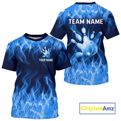 Blue and black bowling jersey with bowling design and customizable text, featuring the brand 'Chiptee Amz'.