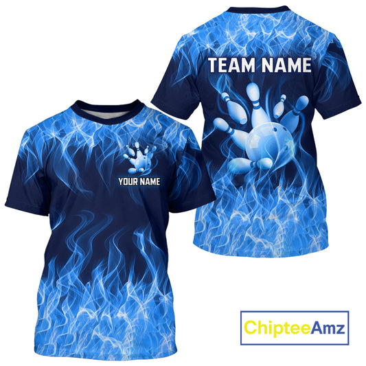 Blue and black bowling jersey with bowling design and customizable text, featuring the brand 'Chiptee Amz'.