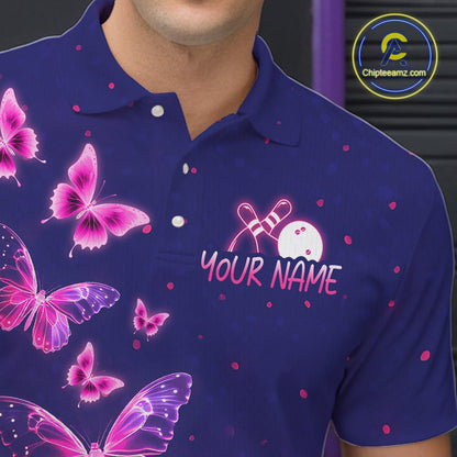Custom Purple Galaxy Butterflies Bowling Team Shirts Bowling Jersey for Men Bowling League HNT467