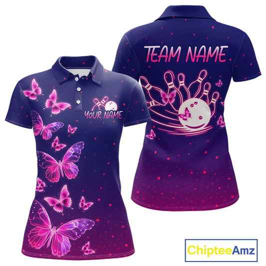 Custom Purple Galaxy Butterflies Bowling Team Shirts Bowling Jersey for Women Bowling League HNT467