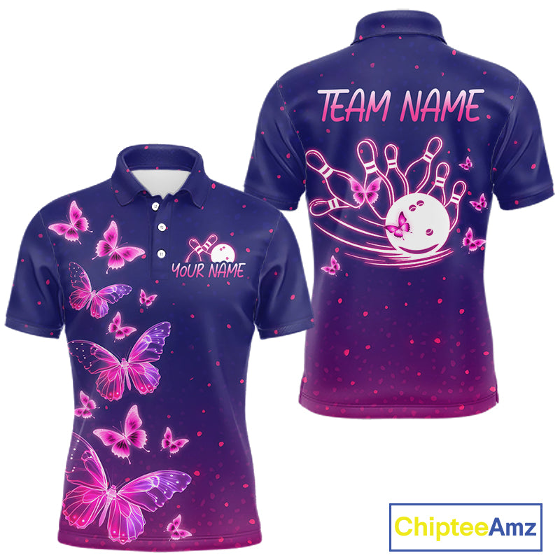 Custom Purple Galaxy Butterflies Bowling Team Shirts Bowling Jersey for Men Bowling League HNT467