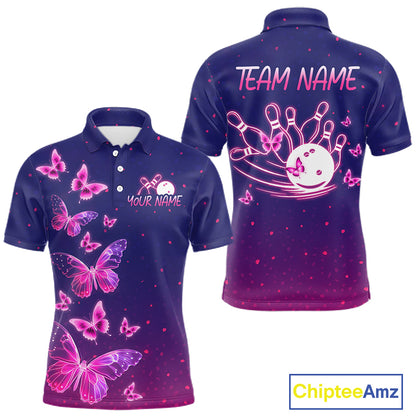 Custom Purple Galaxy Butterflies Bowling Team Shirts Bowling Jersey for Men Bowling League HNT467