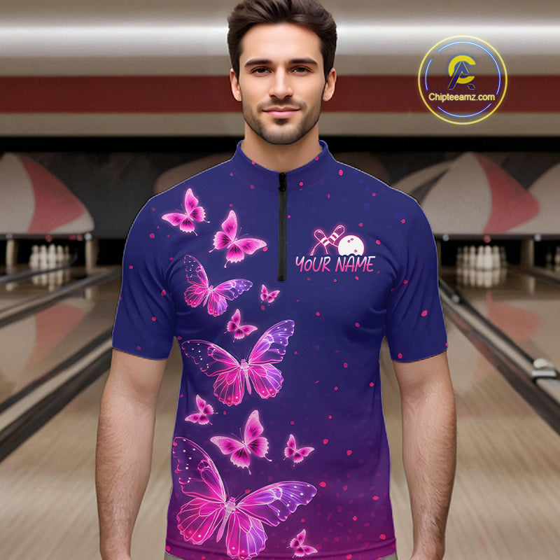 Custom Purple Galaxy Butterflies Bowling Team Shirts Bowling Jersey for Men Bowling League HNT467