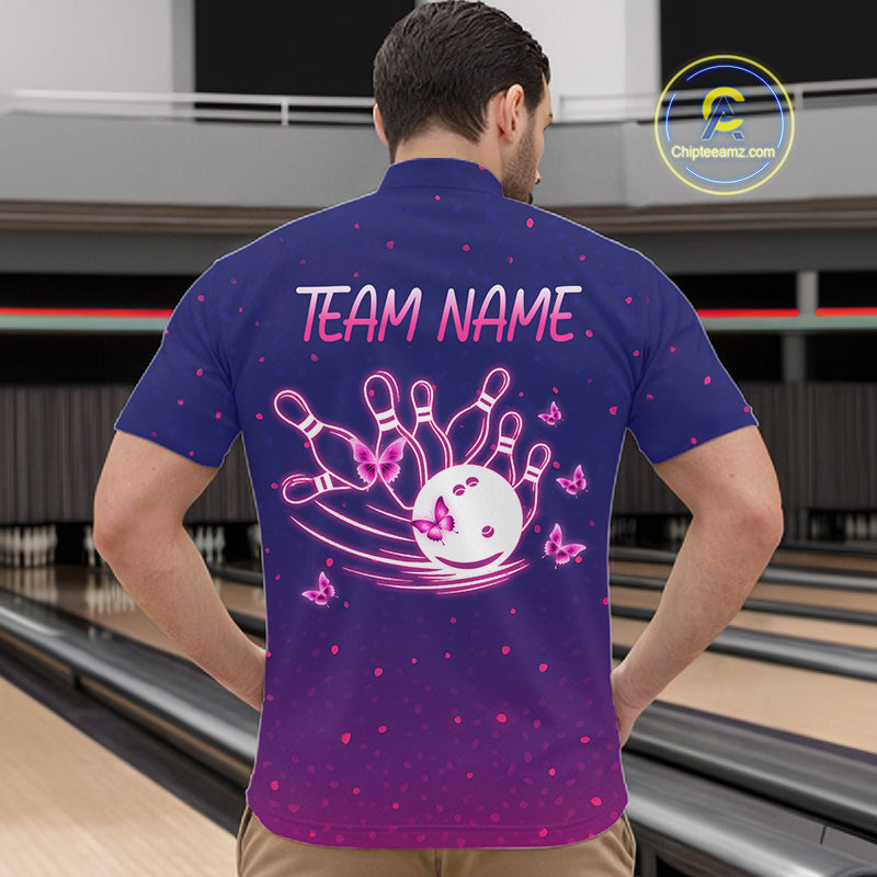 Custom Purple Galaxy Butterflies Bowling Team Shirts Bowling Jersey for Men Bowling League HNT467