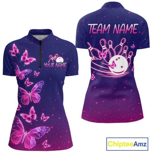 Custom Purple Galaxy Butterflies Bowling Team Shirts Bowling Jersey for Women Bowling League HNT467