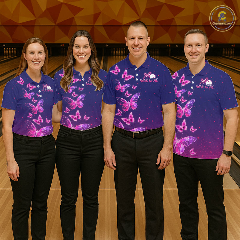 Custom Purple Galaxy Butterflies Bowling Team Shirts Bowling Jersey for Men Bowling League HNT467