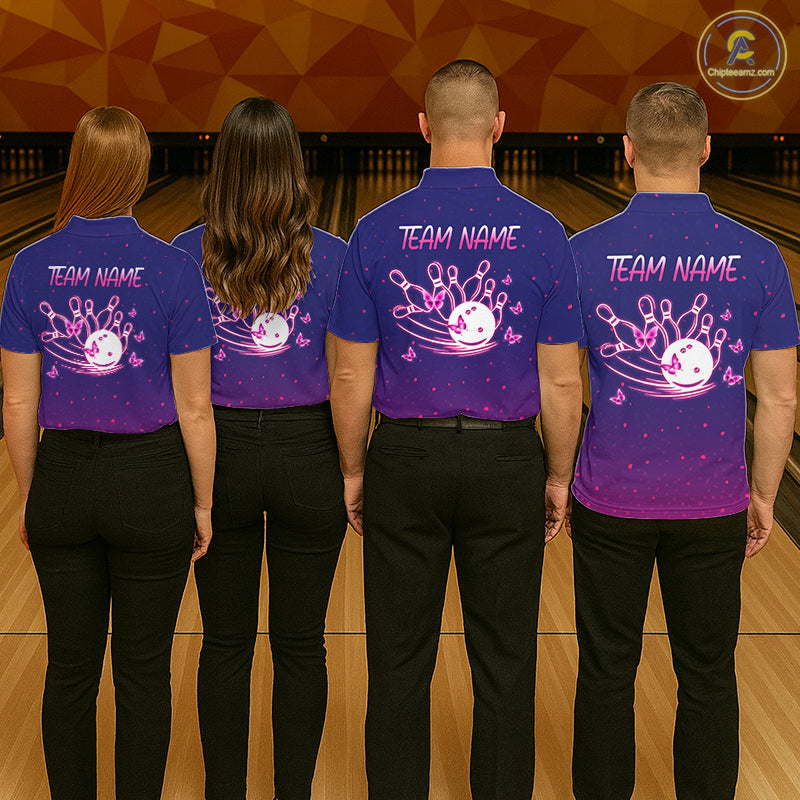 Custom Purple Galaxy Butterflies Bowling Team Shirts Bowling Jersey for Men Bowling League HNT467