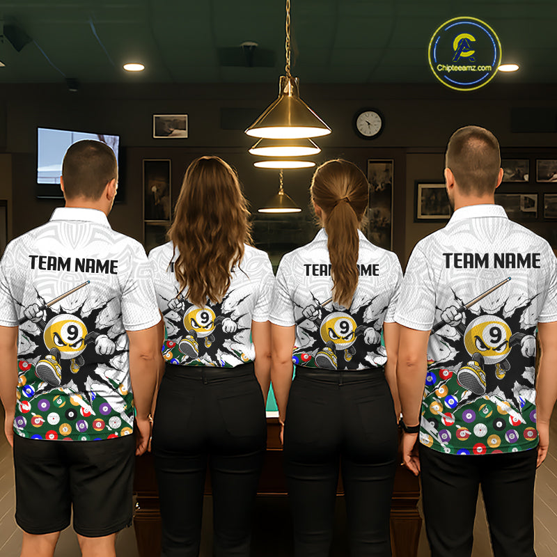 Four people wearing matching billiard team shirts in a billiard alley.