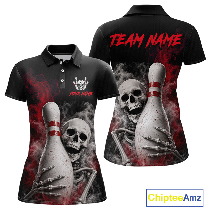 Black short-sleeve polo shirt shown from the front and back, featuring a large graphic of a skull and skeleton holding bowling pins with red smoke effects. The front has a small skull-and-crossbones logo with placeholder text, and the back has 'TEAM NAME' in red.