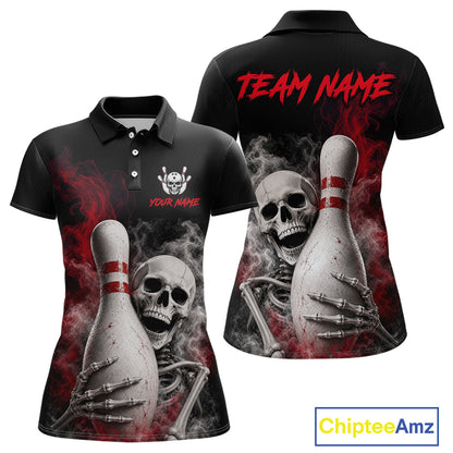 Black short-sleeve polo shirt shown from the front and back, featuring a large graphic of a skull and skeleton holding bowling pins with red smoke effects. The front has a small skull-and-crossbones logo with placeholder text, and the back has 'TEAM NAME' in red.