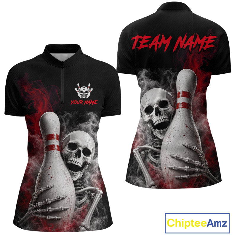 Front and back views of a women's black short-sleeve polo shirt with a horror-themed bowling pin and skeleton print, featuring customizable text placeholders 'TEAM NAME' and 'YOUR NAME', shown on a white background with a ChipteeAmz logo in the corner.