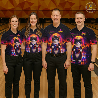 Custom Funny Neon Cat Bowling Jersey for Men Bowling Tournament Polo & 1/4 Zip Bowling Team Shirts HNT210