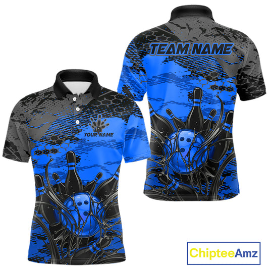 Bowling-themed polo shirt with 'Team Name' and 'Your Name' text, featuring blue and black design.