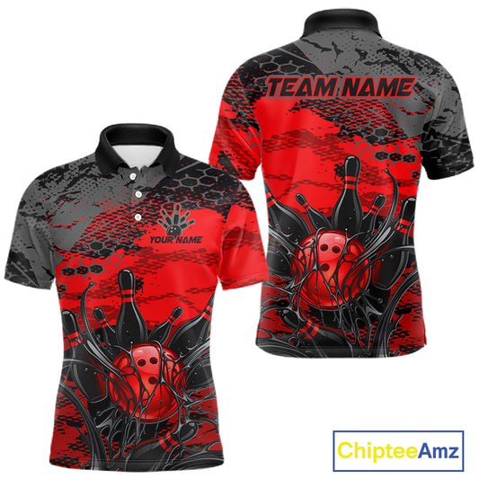 Red and black bowling-themed shirt with 'Team Name' and 'Your Name' text on a white background.
