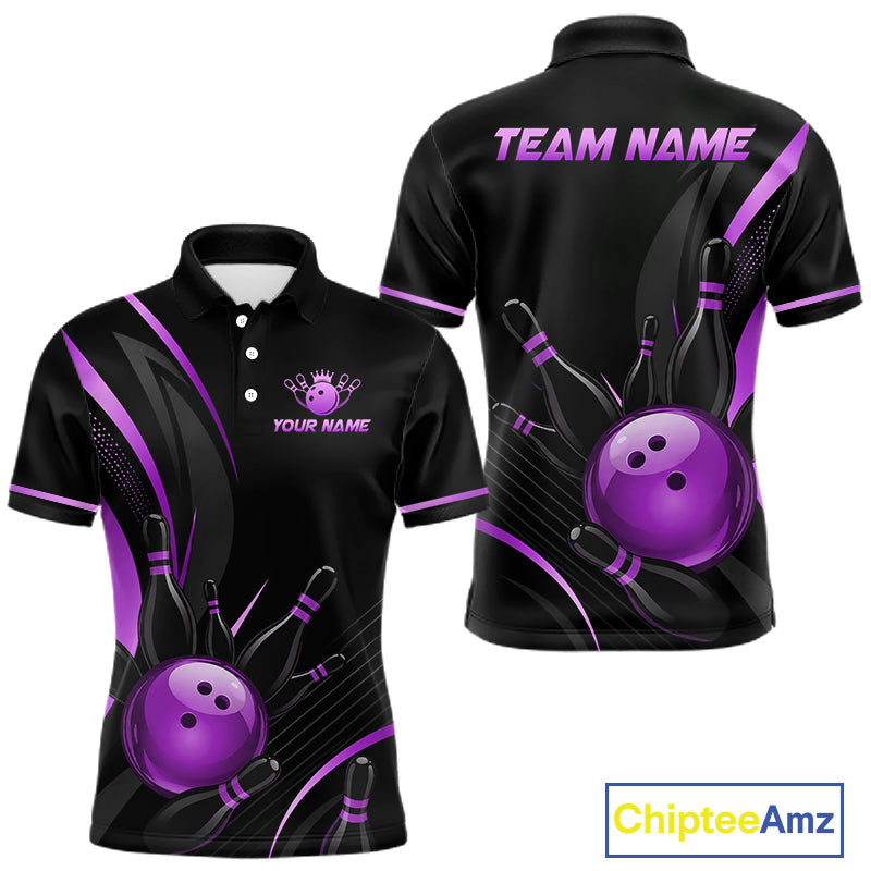 Black and purple bowling-themed polo shirt with customizable text on a white background