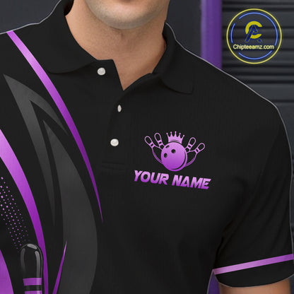 Black polo shirt with purple logo and text, featuring a bowling ball with a crown design.