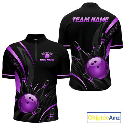Black and purple bowling jersey with customizable text on a white background