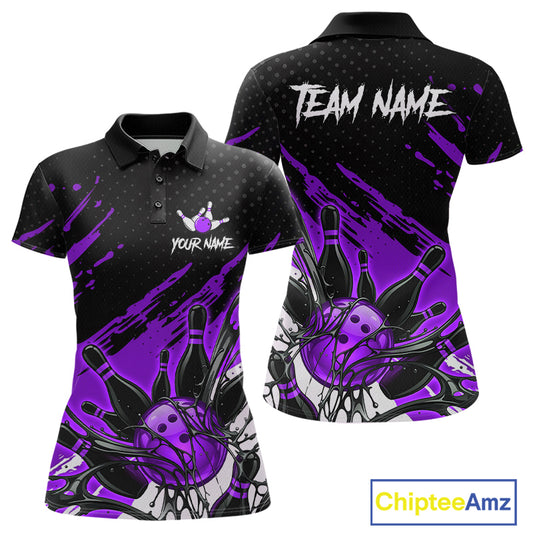 Custom Purple Bowling Jerseys For Women, Personalized Bowling Team Shirts Bowling Pin And Ball HNT283