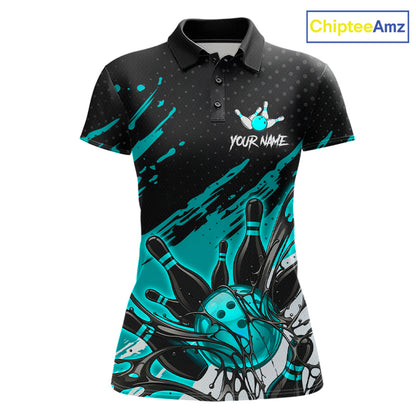 Custom Turquoise Bowling Jerseys For Women, Personalized Bowling Team Shirts Bowling Pin And Ball HNT283
