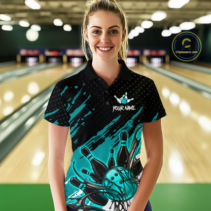 Custom Turquoise Bowling Jerseys For Women, Personalized Bowling Team Shirts Bowling Pin And Ball HNT283