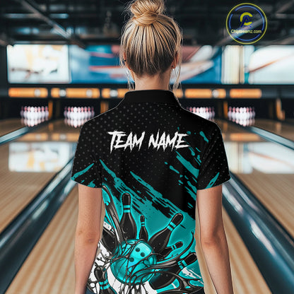 Custom Turquoise Bowling Jerseys For Women, Personalized Bowling Team Shirts Bowling Pin And Ball HNT283