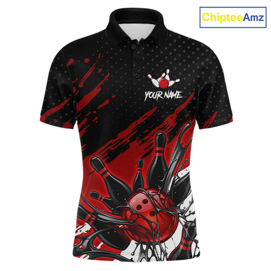 Custom Red Bowling Jerseys For Men, Personalized Bowling Team Shirts Bowling Pin And Ball HNT283