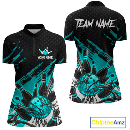 Custom Turquoise Bowling Jerseys For Women, Personalized Bowling Team Shirts Bowling Pin And Ball HNT283