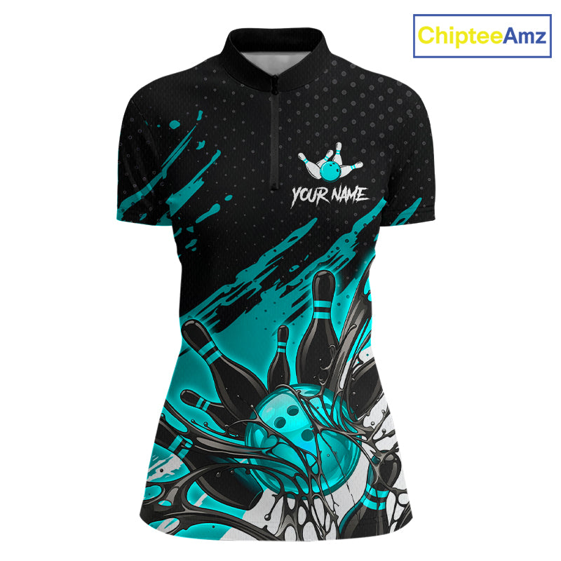 Custom Turquoise Bowling Jerseys For Women, Personalized Bowling Team Shirts Bowling Pin And Ball HNT283