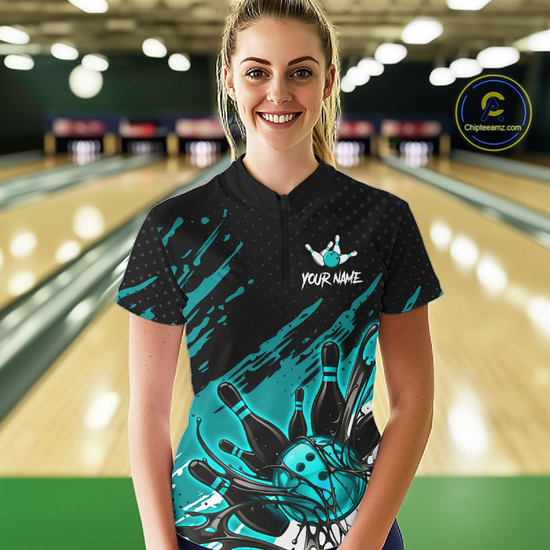 Custom Turquoise Bowling Jerseys For Women, Personalized Bowling Team Shirts Bowling Pin And Ball HNT283