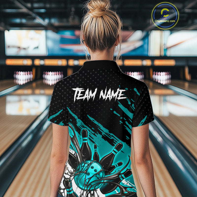Custom Turquoise Bowling Jerseys For Women, Personalized Bowling Team Shirts Bowling Pin And Ball HNT283