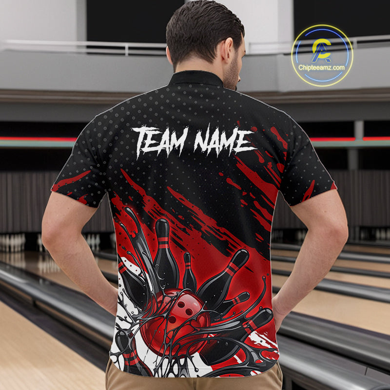 Custom Red Bowling Jerseys For Men, Personalized Bowling Team Shirts Bowling Pin And Ball HNT283