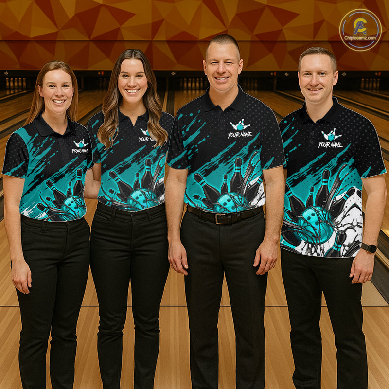 Custom Turquoise Bowling Jerseys For Women, Personalized Bowling Team Shirts Bowling Pin And Ball HNT283