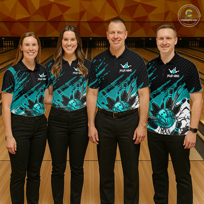Custom Turquoise Bowling Jerseys For Women, Personalized Bowling Team Shirts Bowling Pin And Ball HNT283