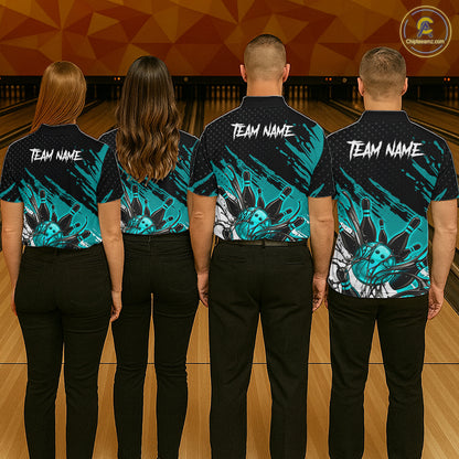 Custom Turquoise Bowling Jerseys For Women, Personalized Bowling Team Shirts Bowling Pin And Ball HNT283