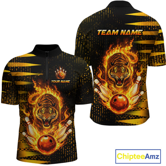 Custom Flame Tiger Bowling Team Jersey Bowling Shirt for Men Bowling League Polo & 1/4 Zip HNT201